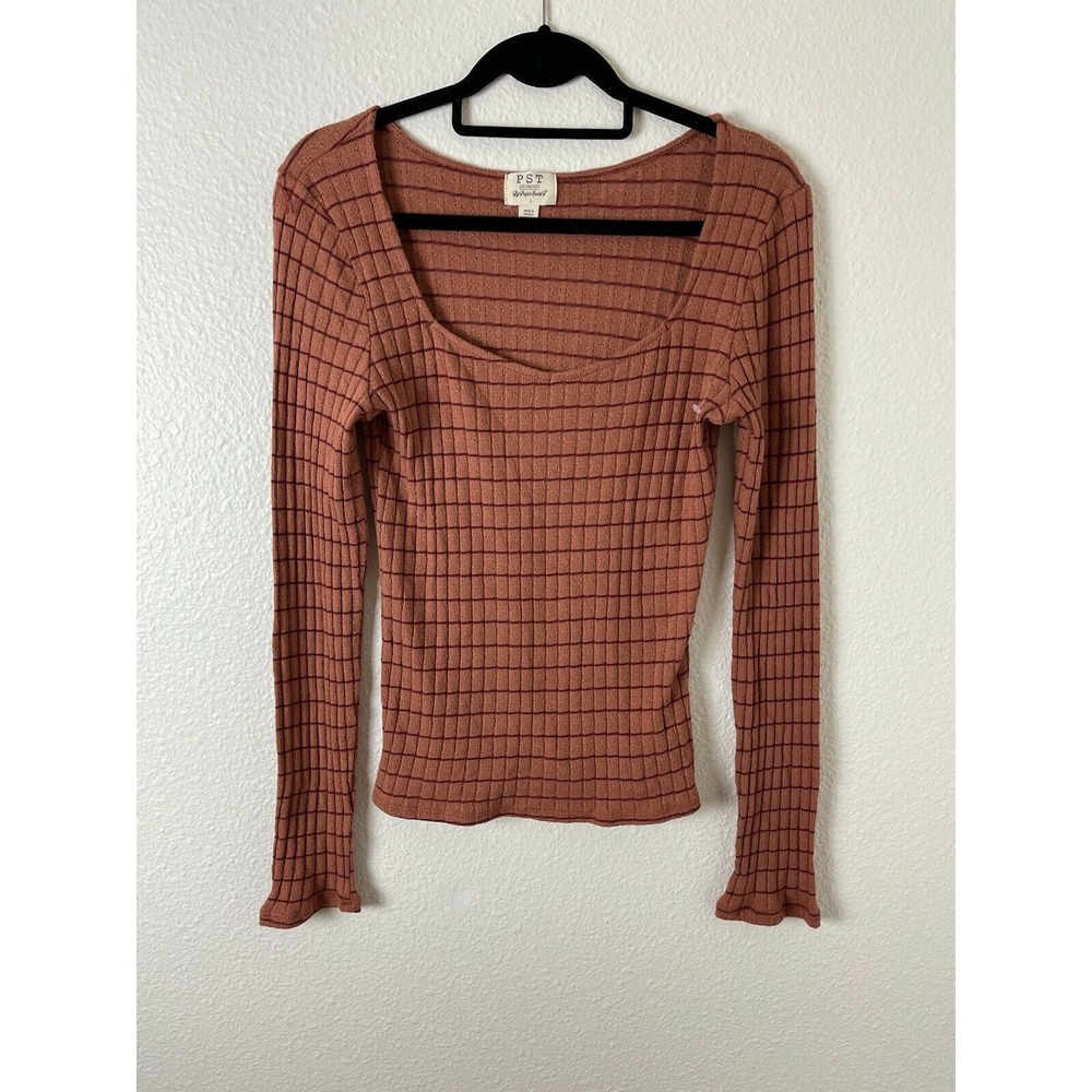 PST Los Angeles Orange Red Striped Long Sleeve Women's Top Size Large L